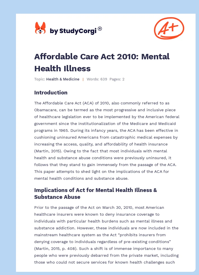 Affordable Care Act 2010: Mental Health Illness. Page 1