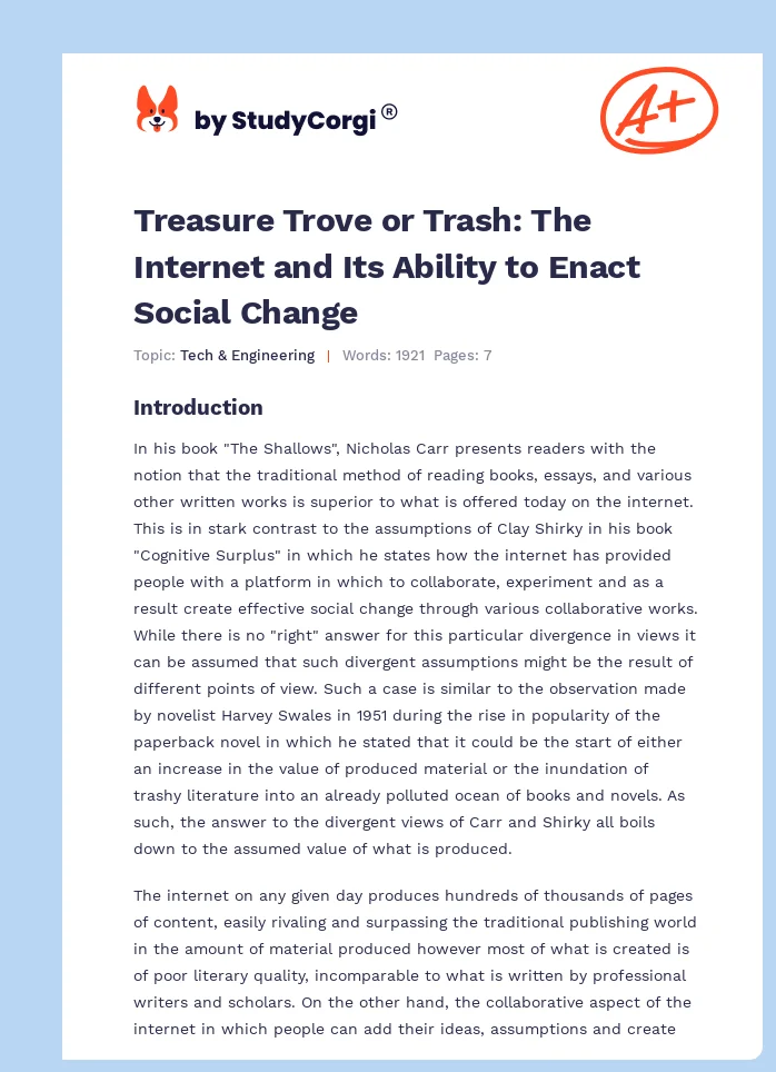 Treasure Trove or Trash: The Internet and Its Ability to Enact Social Change. Page 1