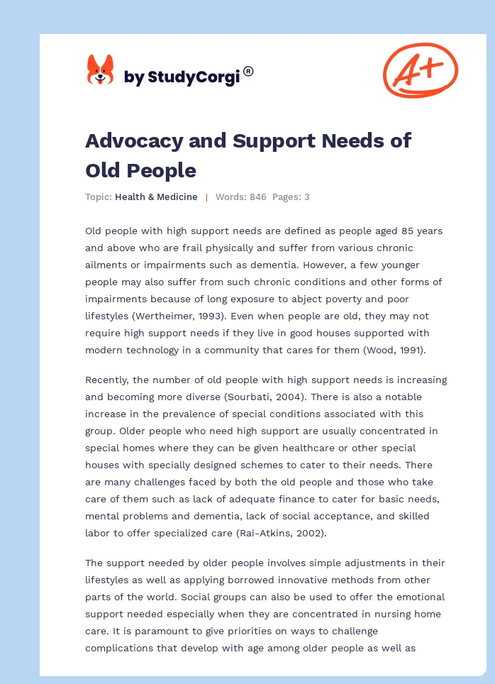 Advocacy and Support Needs of Old People. Page 1