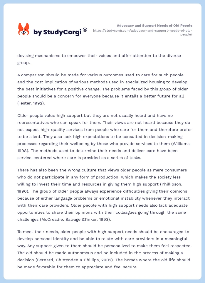 Advocacy and Support Needs of Old People. Page 2