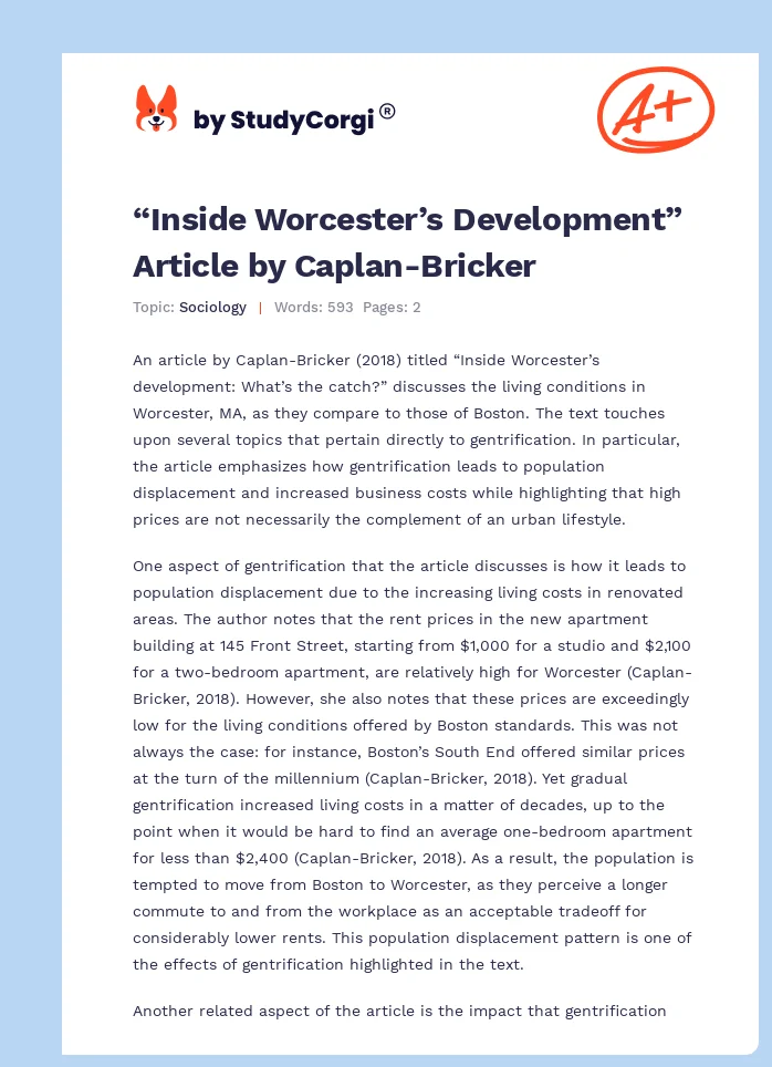 “Inside Worcester’s Development” Article by Caplan-Bricker. Page 1