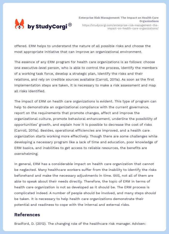 Enterprise Risk Management: The Impact on Health Care Organizations. Page 2