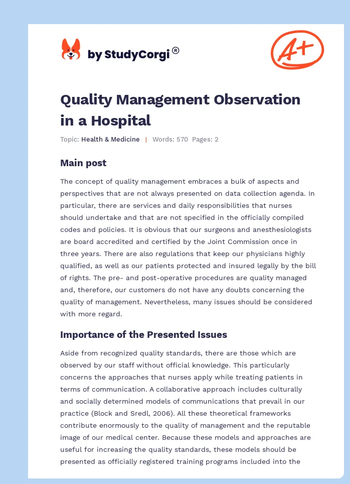 Quality Management Observation in a Hospital. Page 1