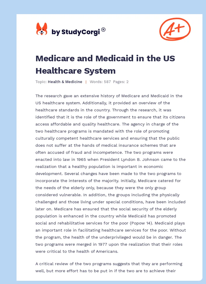 Medicare and Medicaid in the US Healthcare System. Page 1