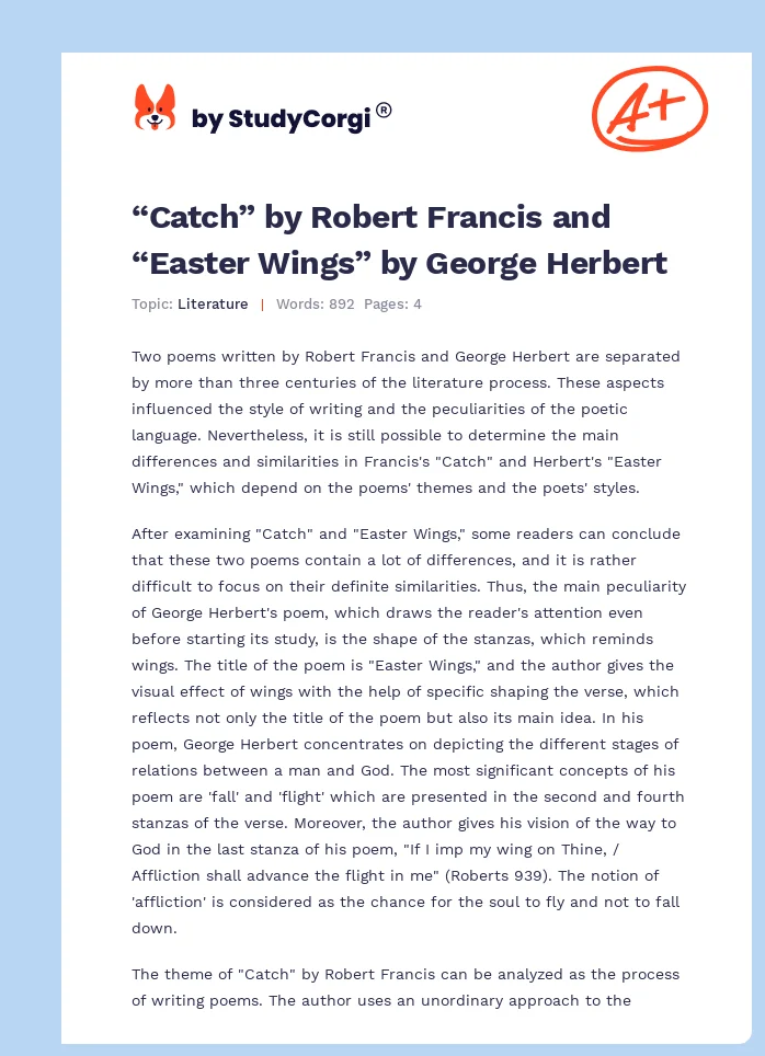 “Catch” by Robert Francis and “Easter Wings” by George Herbert. Page 1