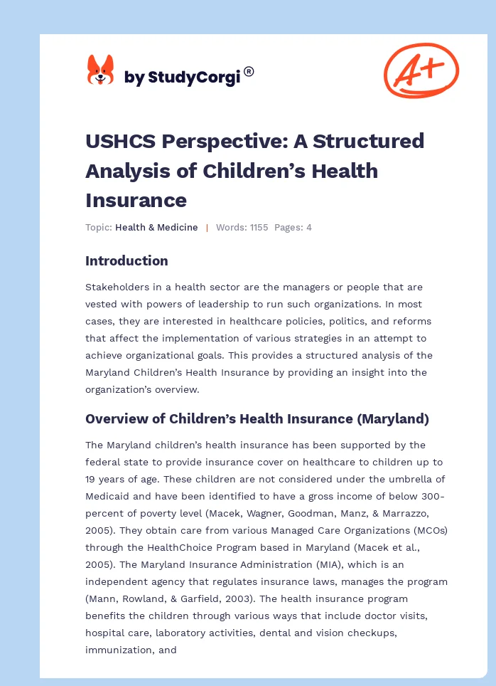USHCS Perspective: A Structured Analysis of Children’s Health Insurance. Page 1