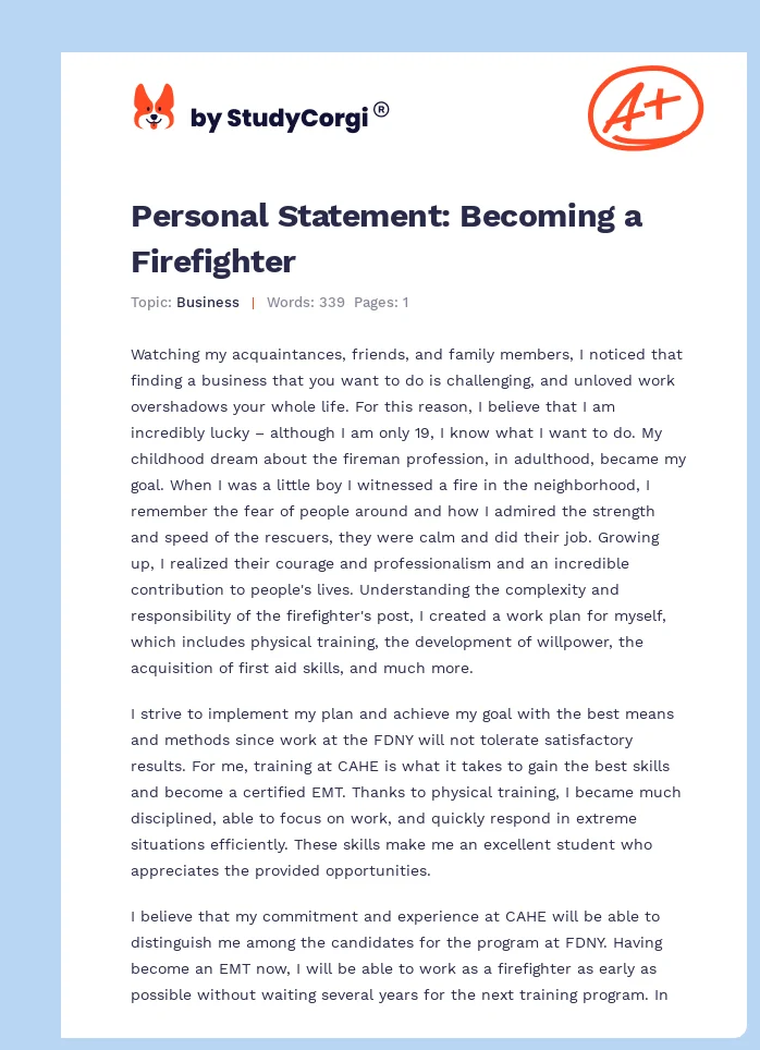 Personal Statement: Becoming a Firefighter. Page 1