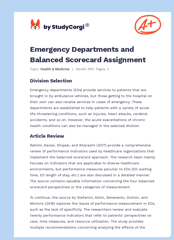 Emergency Departments and Balanced Scorecard Assignment. Page 1