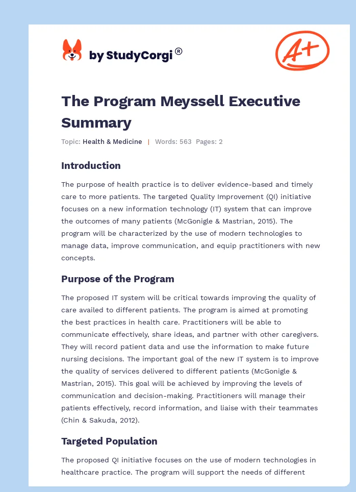 The Program Meyssell Executive Summary. Page 1