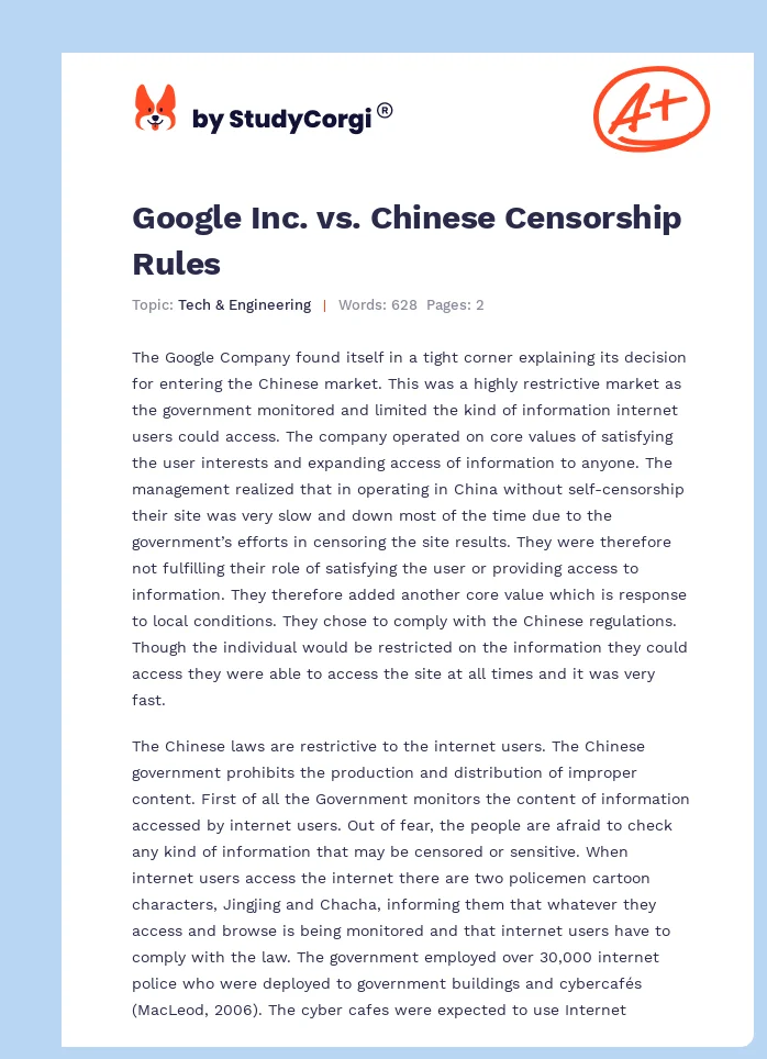 Google Inc. vs. Chinese Censorship Rules. Page 1