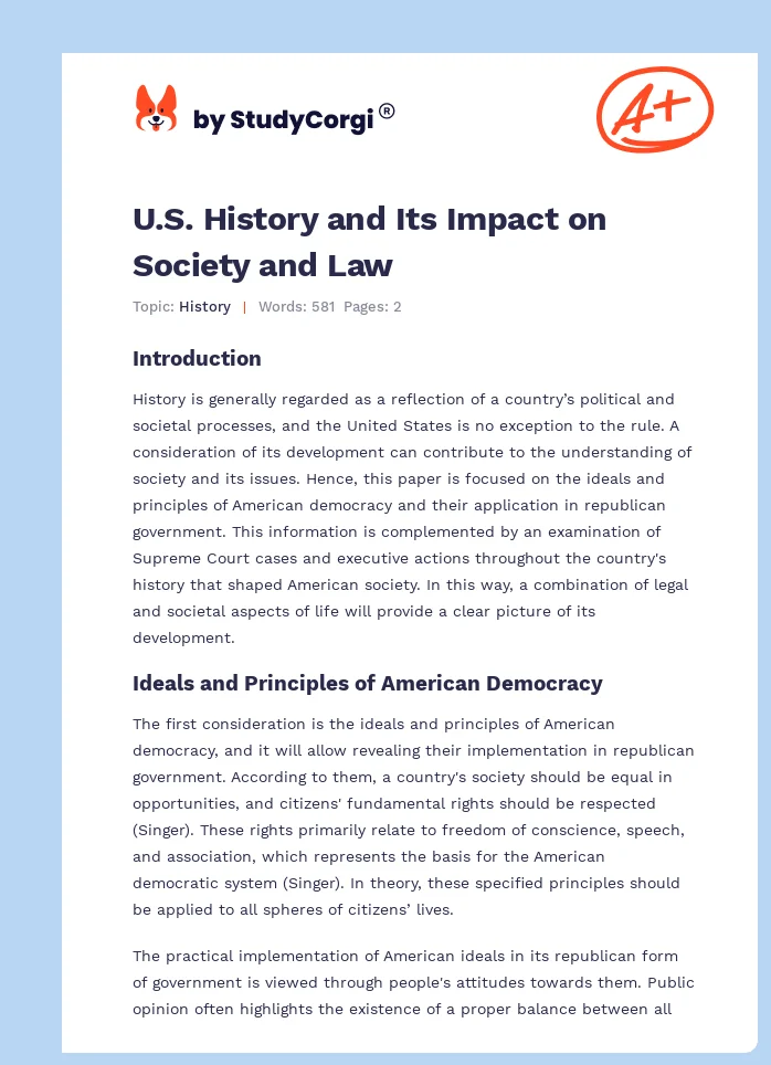 U.S. History and Its Impact on Society and Law. Page 1