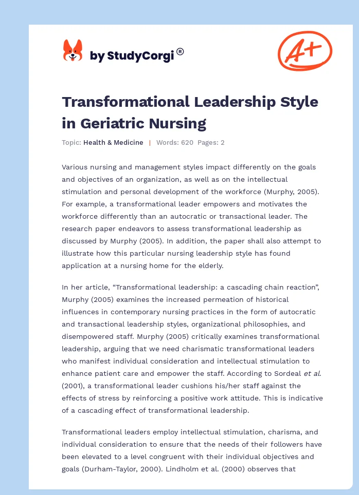 Transformational Leadership Style in Geriatric Nursing. Page 1