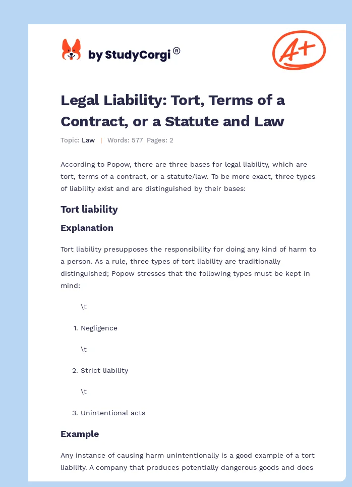 Legal Liability: Tort, Terms of a Contract, or a Statute and Law. Page 1