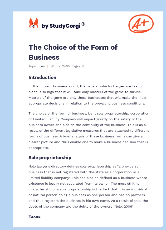 The Choice of the Form of Business. Page 1