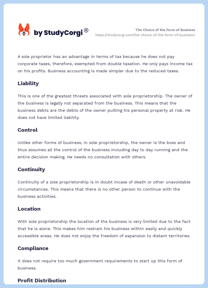 The Choice of the Form of Business. Page 2