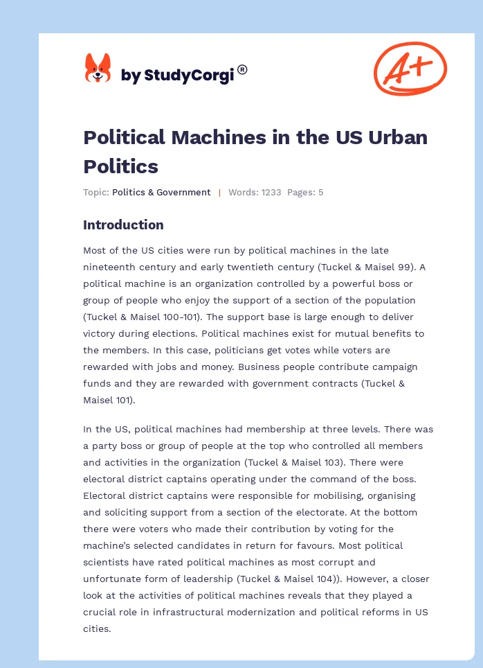 Political Machines in the US Urban Politics. Page 1