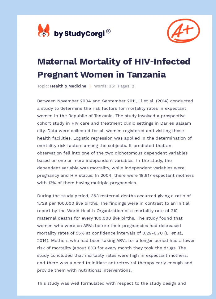 Maternal Mortality of HIV‐Infected Pregnant Women in Tanzania. Page 1