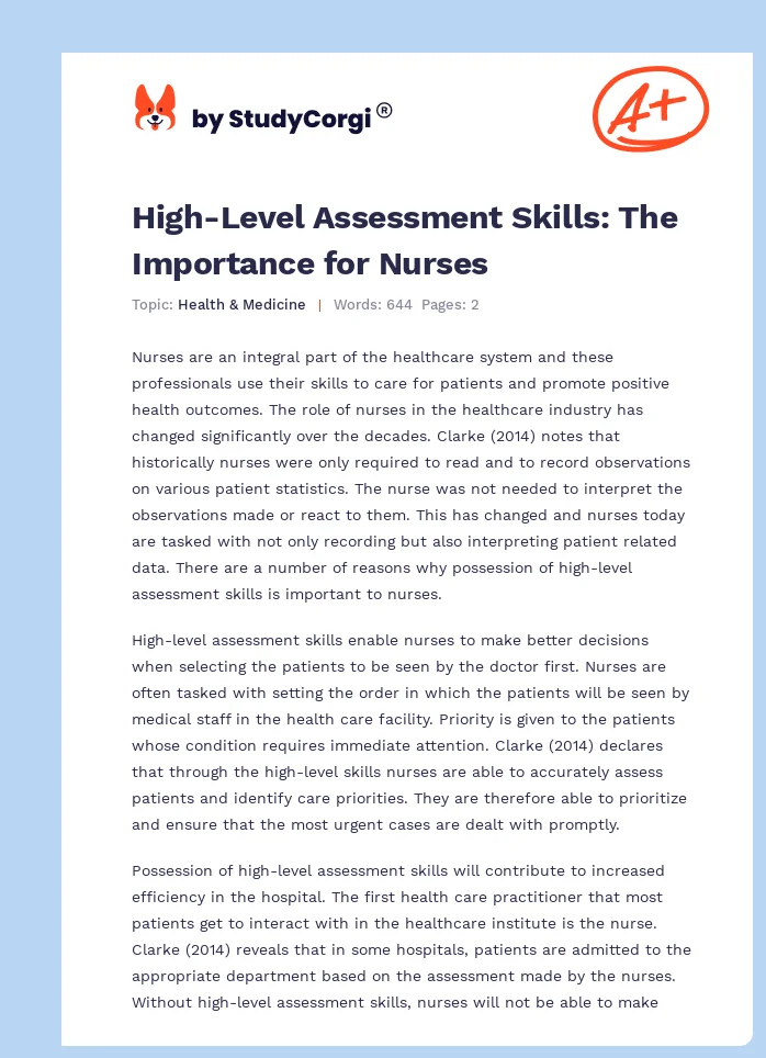 High-Level Assessment Skills: The Importance for Nurses. Page 1