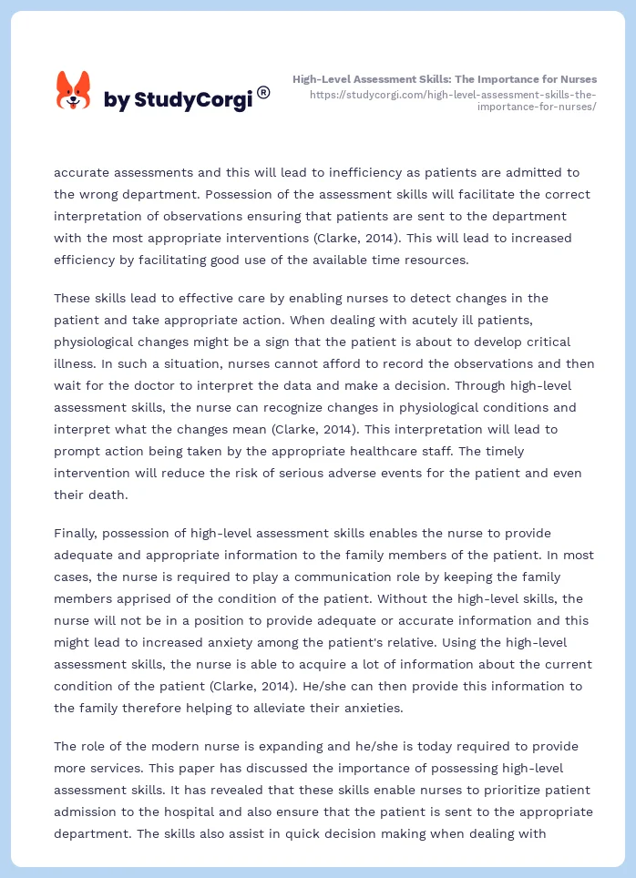 High-Level Assessment Skills: The Importance for Nurses. Page 2