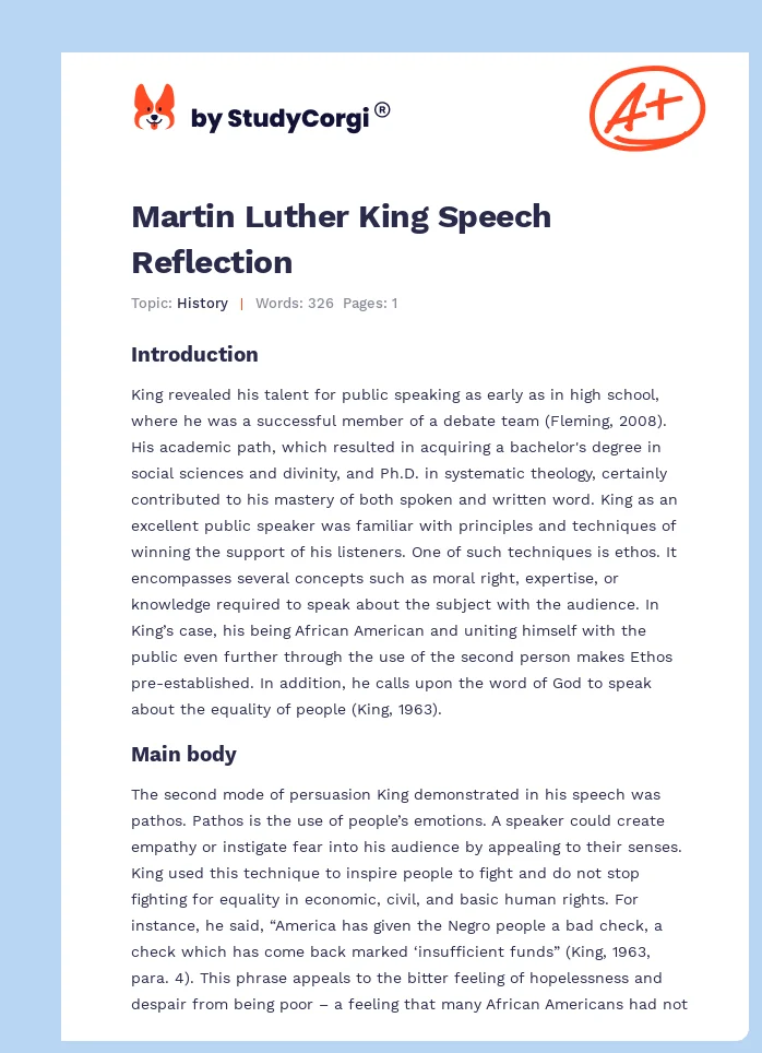Martin Luther King Speech Reflection. Page 1