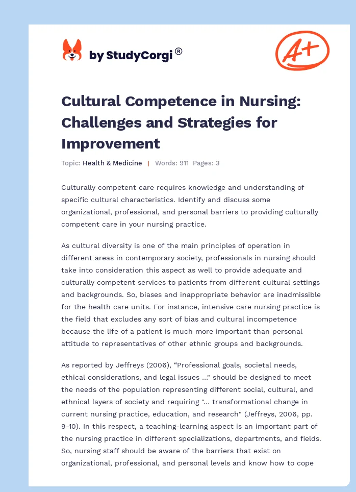 Cultural Competence in Nursing: Challenges and Strategies for Improvement. Page 1
