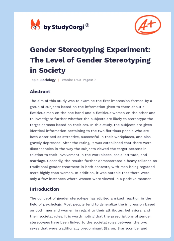Gender Stereotyping Experiment: The Level of Gender Stereotyping in Society. Page 1