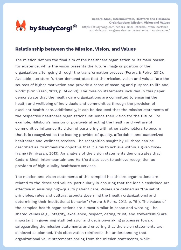 Cedars-Sinai, Intermountain, Hartford and Hillsboro Organizations' Mission, Vision and Values. Page 2