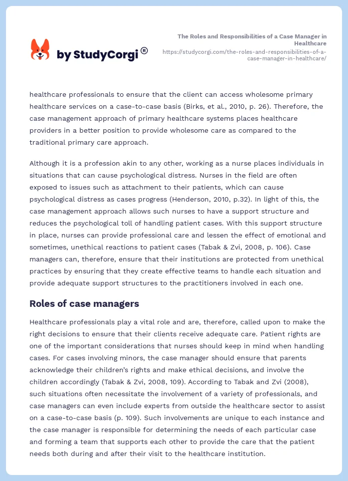 The Roles and Responsibilities of a Case Manager in Healthcare. Page 2