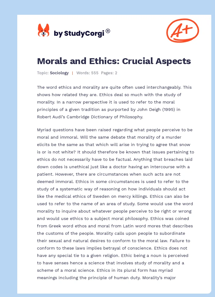 Morals and Ethics: Crucial Aspects. Page 1