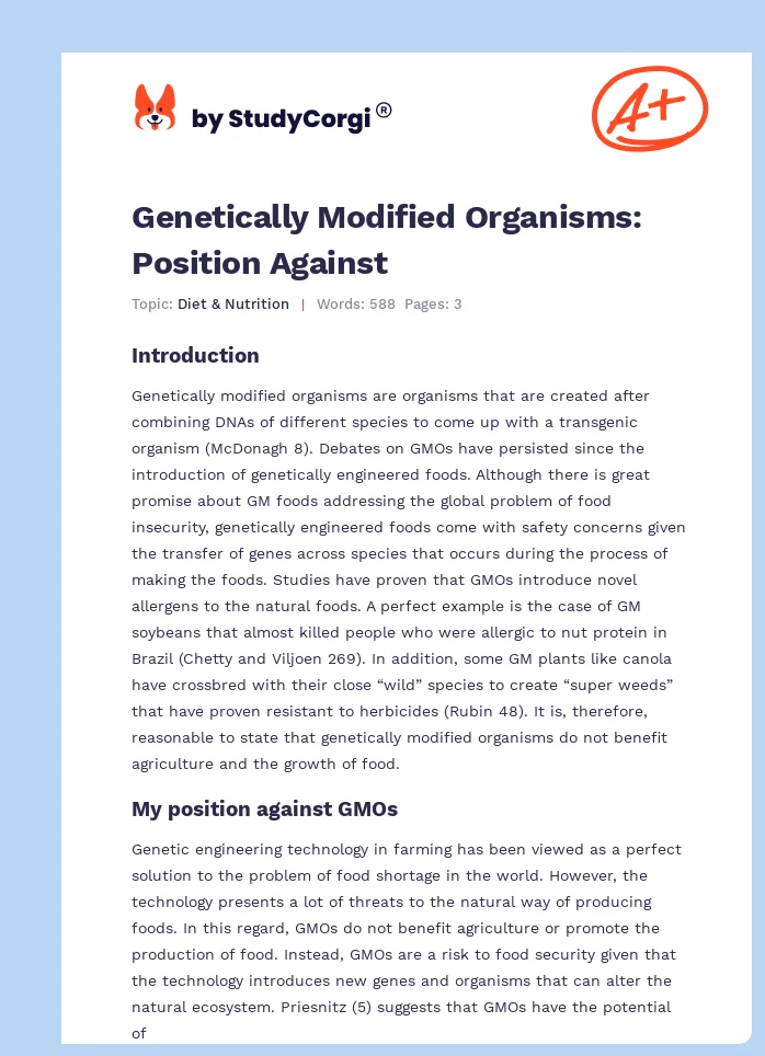 Genetically Modified Organisms: Position Against. Page 1