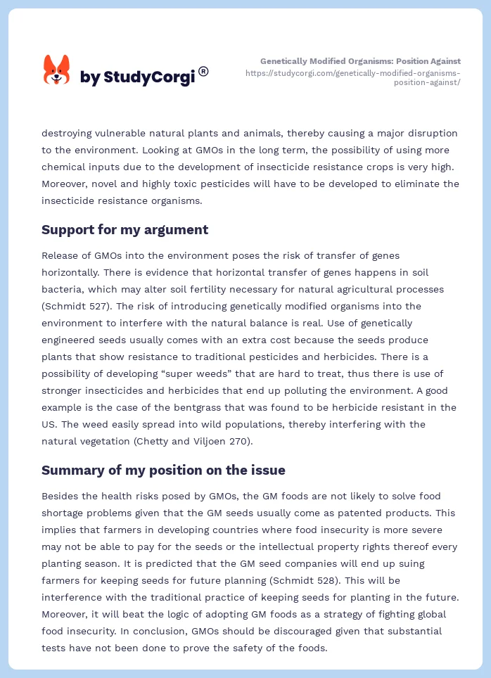 Genetically Modified Organisms: Position Against. Page 2