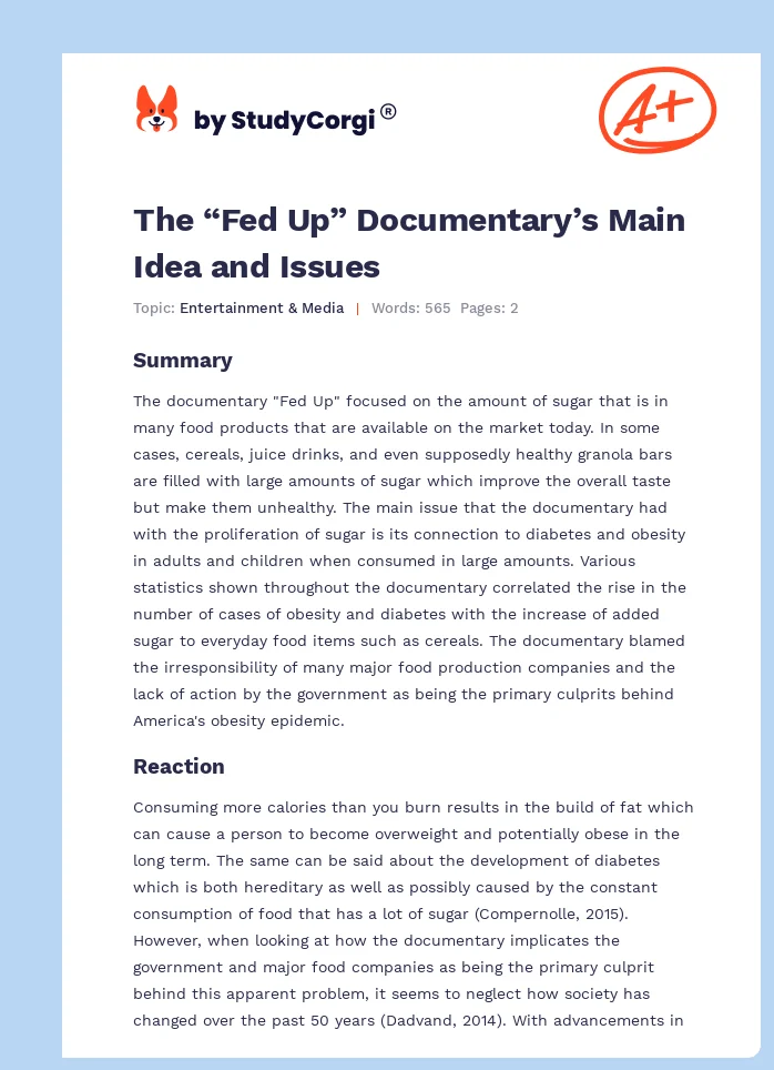 The “Fed Up” Documentary’s Main Idea and Issues. Page 1