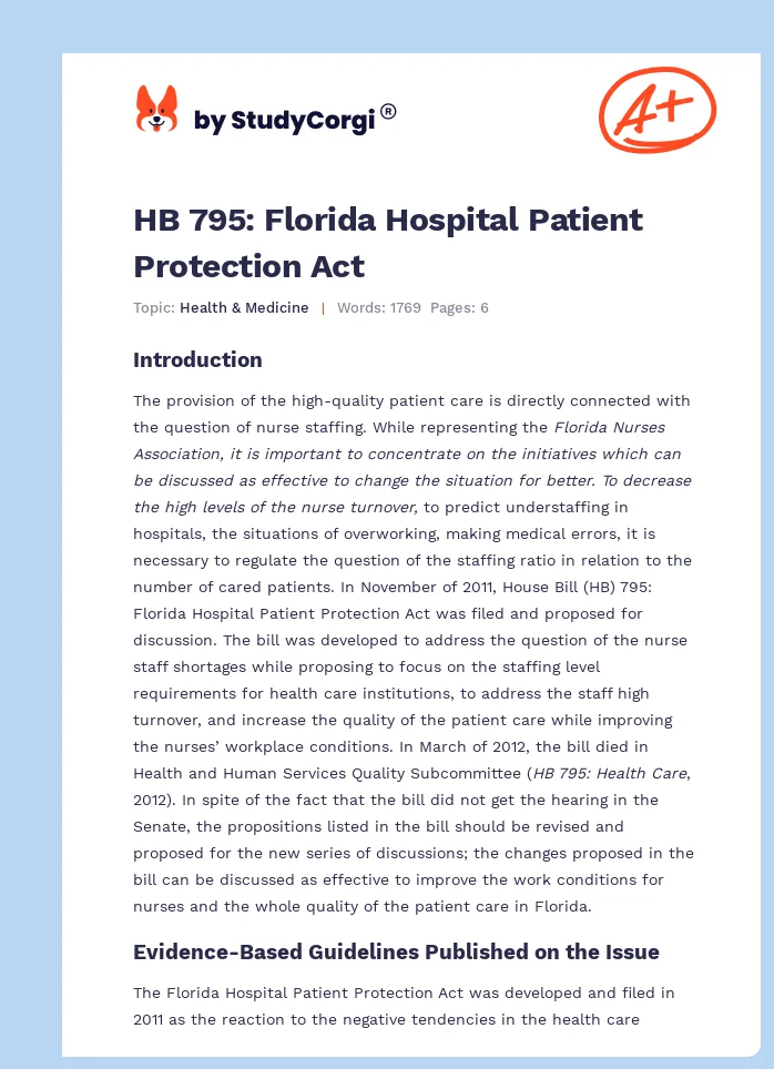 HB 795: Florida Hospital Patient Protection Act. Page 1