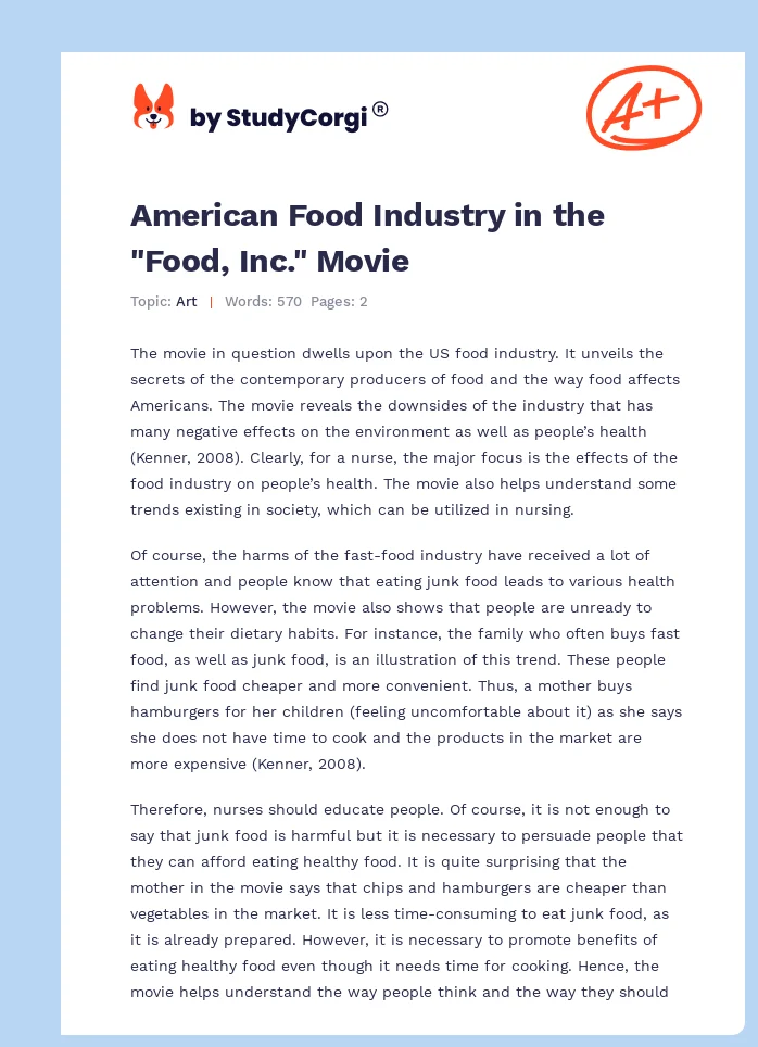 American Food Industry in the "Food, Inc." Movie. Page 1