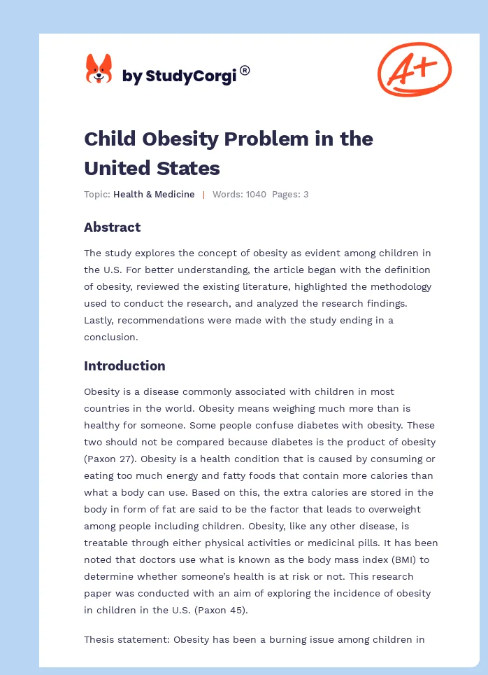 Child Obesity Problem in the United States. Page 1