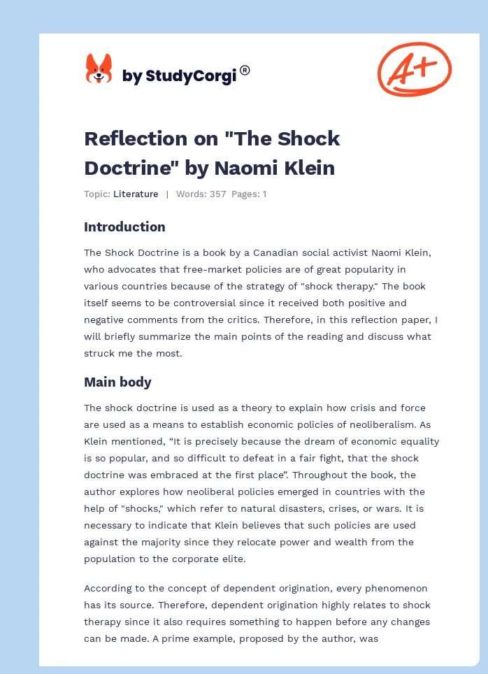 Reflection on "The Shock Doctrine" by Naomi Klein. Page 1