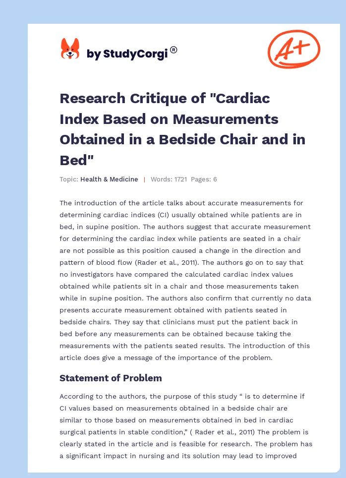 Research Critique of "Cardiac Index Based on Measurements Obtained in a Bedside Chair and in Bed". Page 1