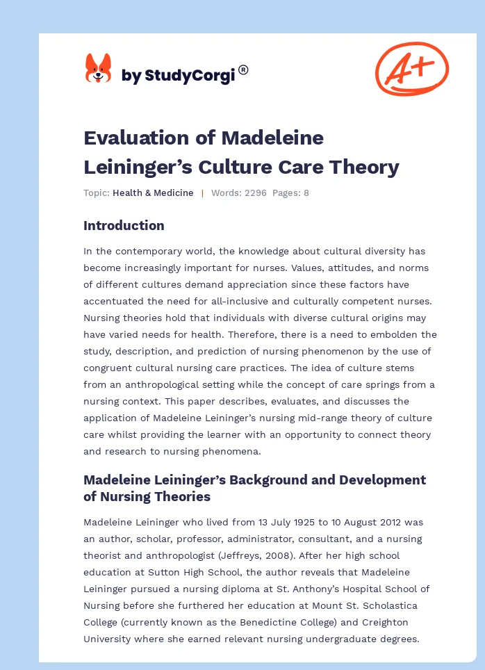 Evaluation of Madeleine Leininger’s Culture Care Theory. Page 1