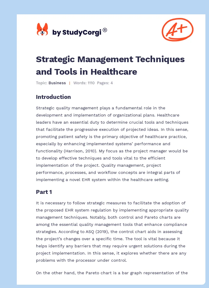 Strategic Management Techniques and Tools in Healthcare. Page 1