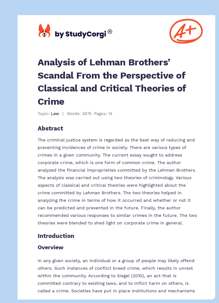 Analysis of Lehman Brothers’ Scandal From the Perspective of Classical and Critical Theories of Crime. Page 1