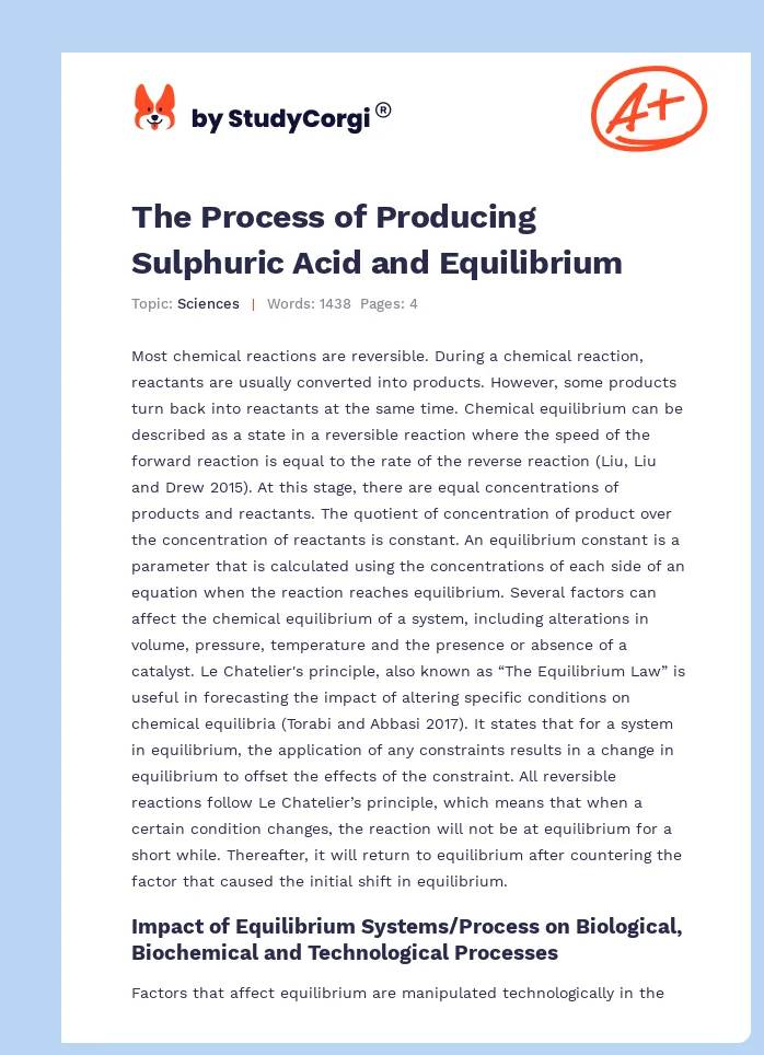 The Process of Producing Sulphuric Acid and Equilibrium. Page 1