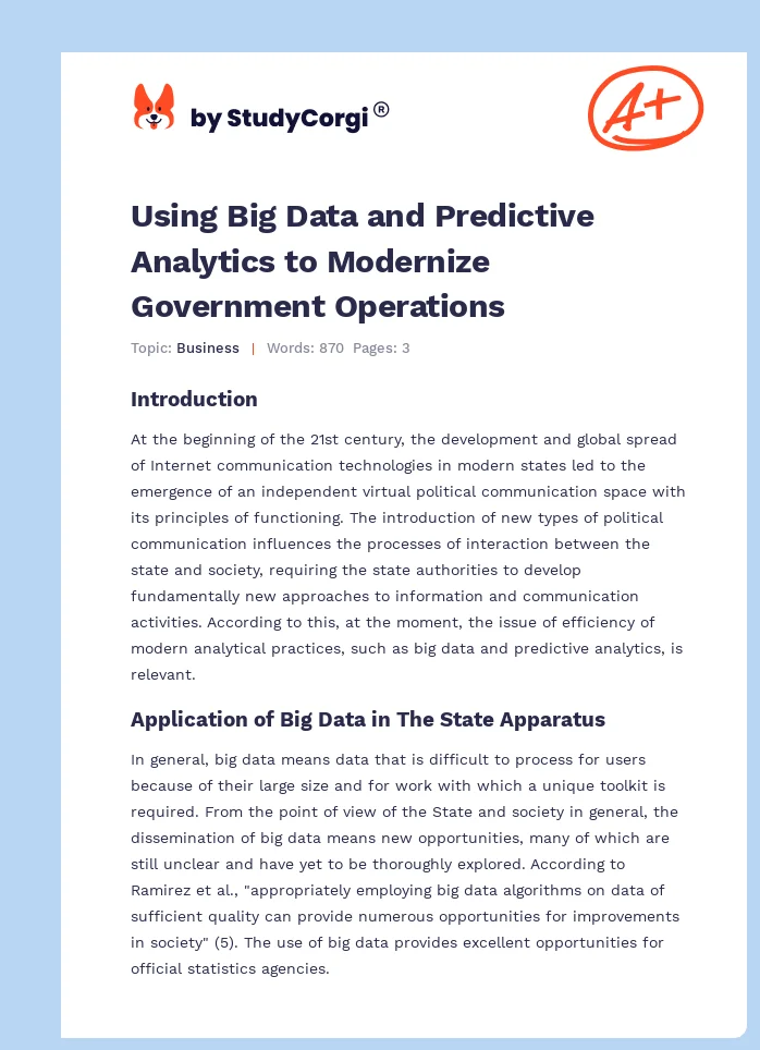 Using Big Data and Predictive Analytics to Modernize Government Operations. Page 1