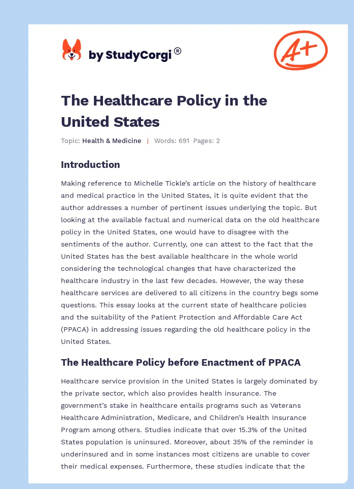 The Healthcare Policy in the United States Free Essay Example