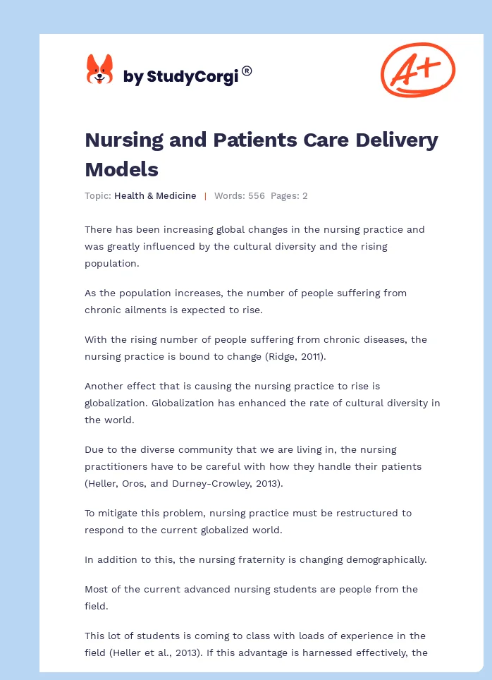 Nursing and Patients Care Delivery Models. Page 1