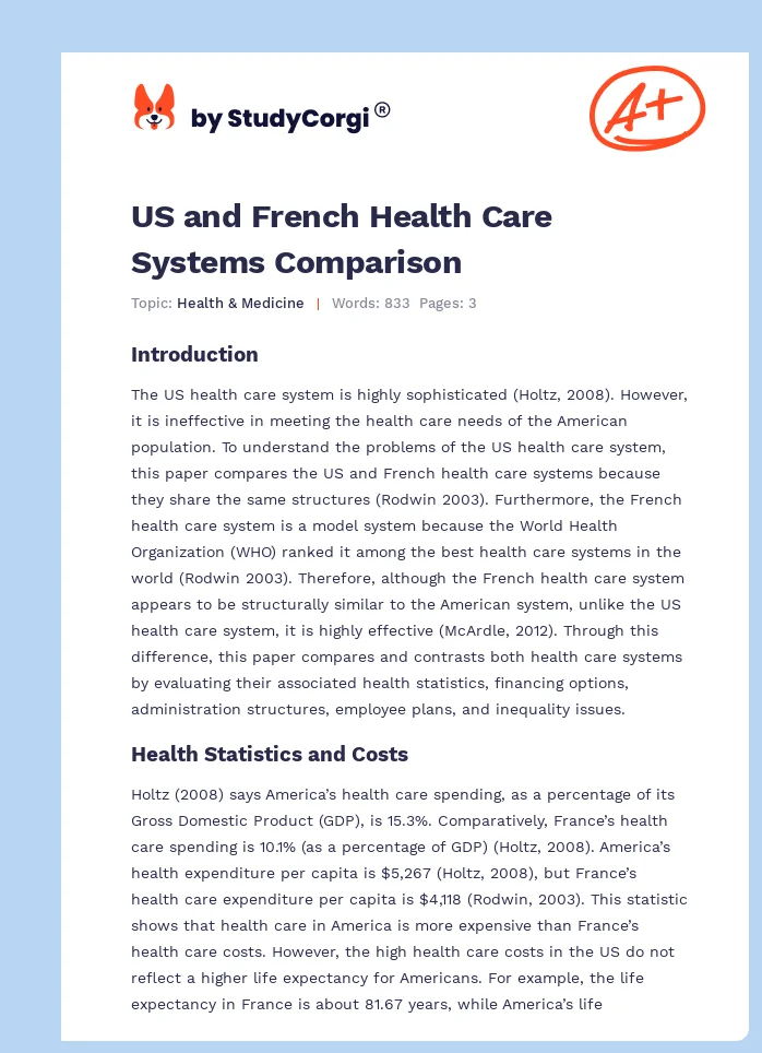 US and French Health Care Systems Comparison. Page 1