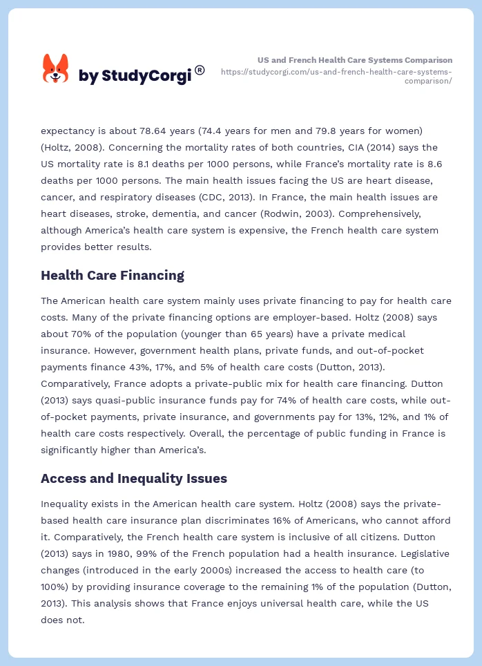 US and French Health Care Systems Comparison. Page 2