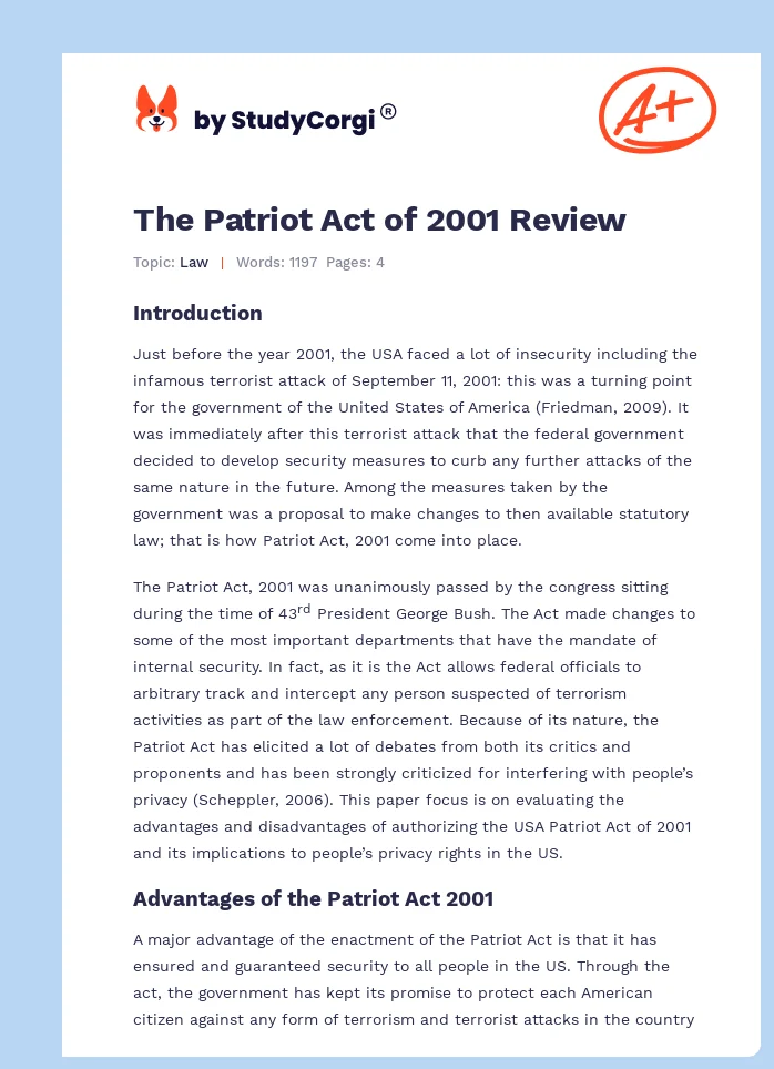 The Patriot Act of 2001 Review. Page 1
