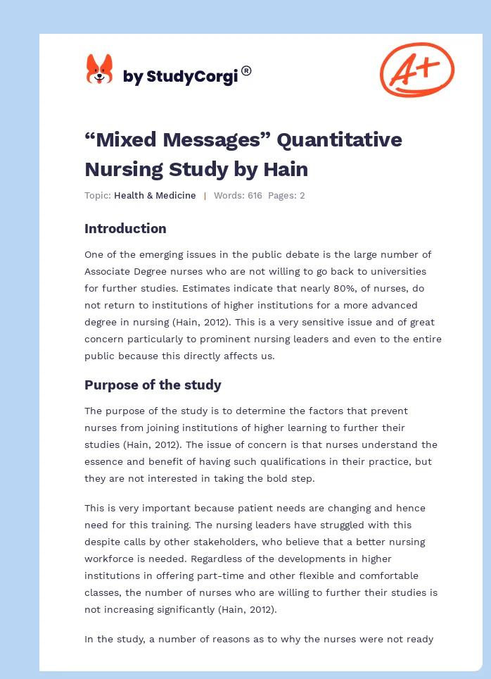 “Mixed Messages” Quantitative Nursing Study by Hain. Page 1