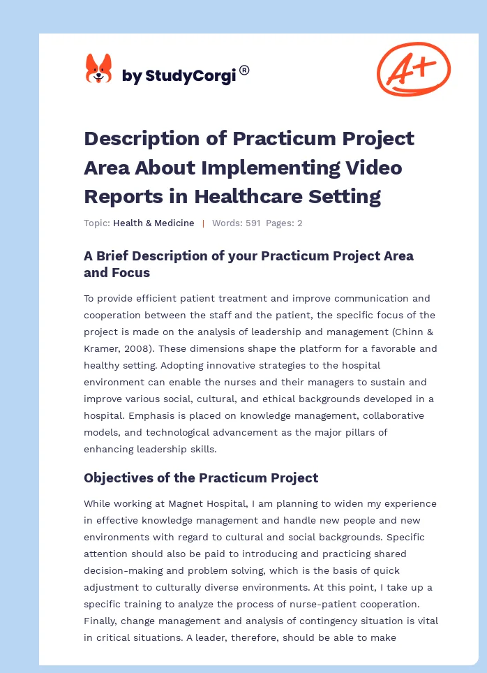 Description of Practicum Project Area About Implementing Video Reports in Healthcare Setting. Page 1