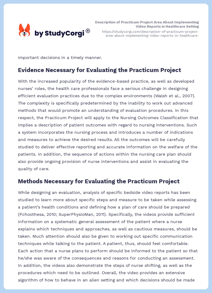 Description of Practicum Project Area About Implementing Video Reports in Healthcare Setting. Page 2